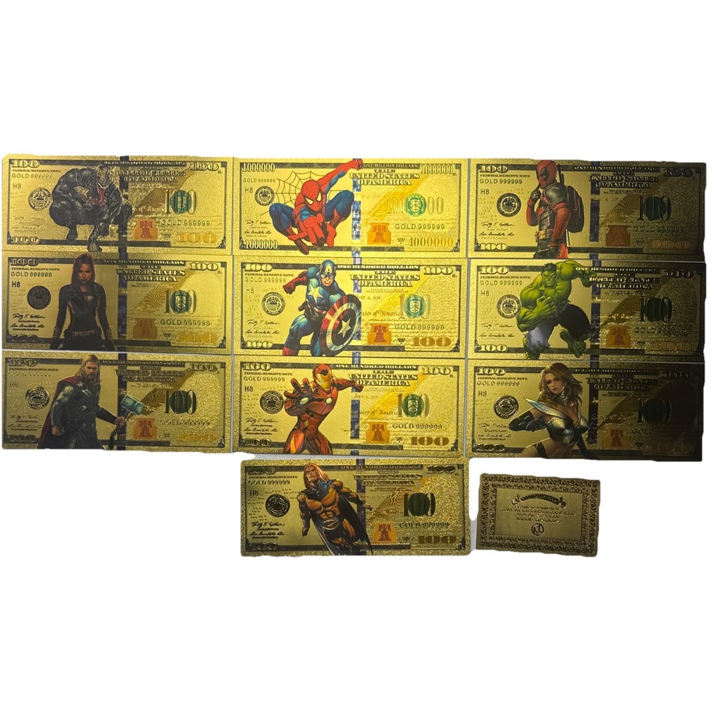 10 Pcs Gold Foil Marvel Avengers Comic $100 Dollar Bill Banknote Collectible COA